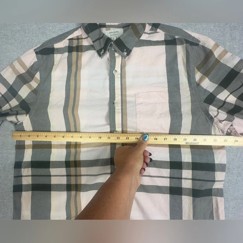 Banana Republic Shirt Mens Large Pink Gray Plaid Untucked Fit Long Sleeve Preppy